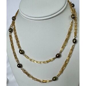 Veronese 925 Italy Gold Vermeil Paperclip Chain Pearl Station Necklace